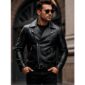 Men's black genuine leather biker jacket front view