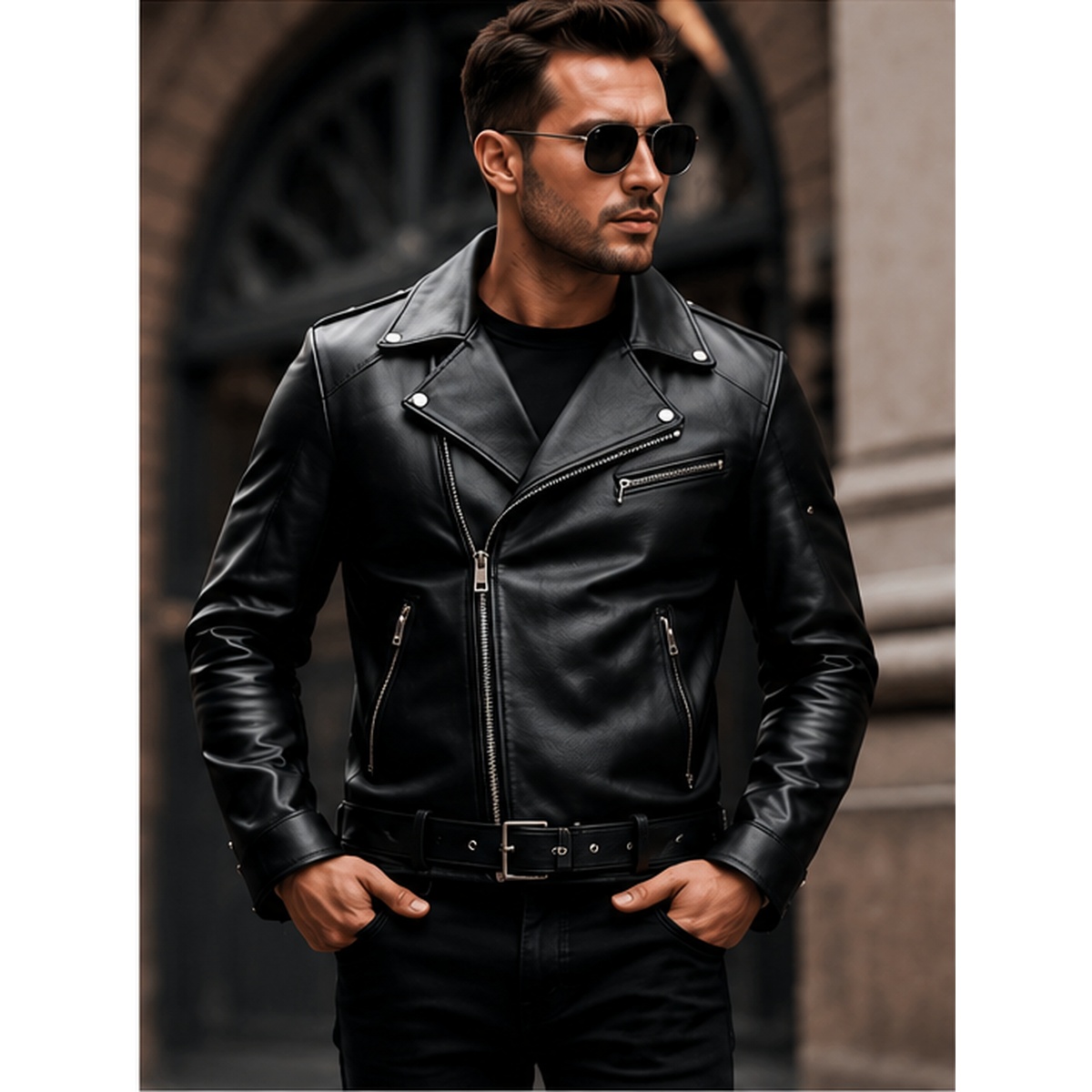 Men's black genuine leather biker jacket front view